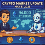 Cartoon-style crypto market update image showing a human anchor and robot co-host discussing Bitcoin, Ethereum, and major crypto events on May 5, 2025, with digital charts and logos in the background.