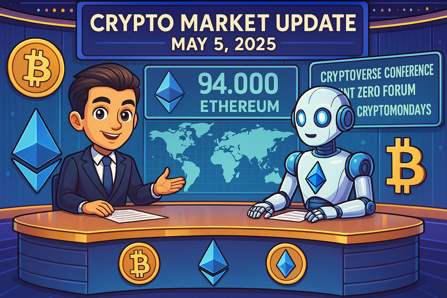 Cartoon-style crypto market update image showing a human anchor and robot co-host discussing Bitcoin, Ethereum, and major crypto events on May 5, 2025, with digital charts and logos in the background.