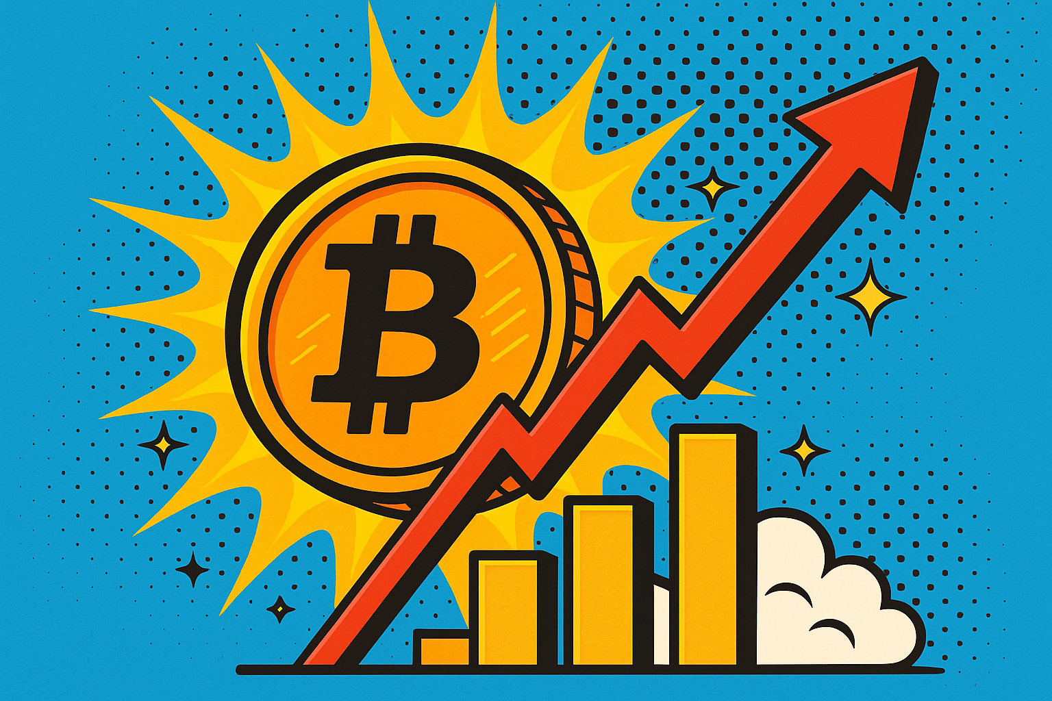 Comic-style illustration of a Bitcoin coin with an upward arrow and bar chart, symbolizing cryptocurrency growth
