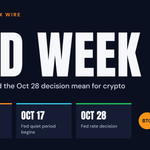 Fed Week card showing US CPI on Oct 14, the Fed quiet period on Oct 17 and the Fed decision on Oct 28, with BTC, SOL and XRP badges